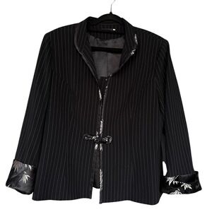 Bracha Jacket Womens XL Black Pinstripe Mandarin Collar Frog Closure Blazer